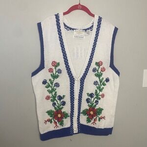 90's Vintage Floral Hand Knit Sweater Vest Cottagecore‎ Grandma Chic Large